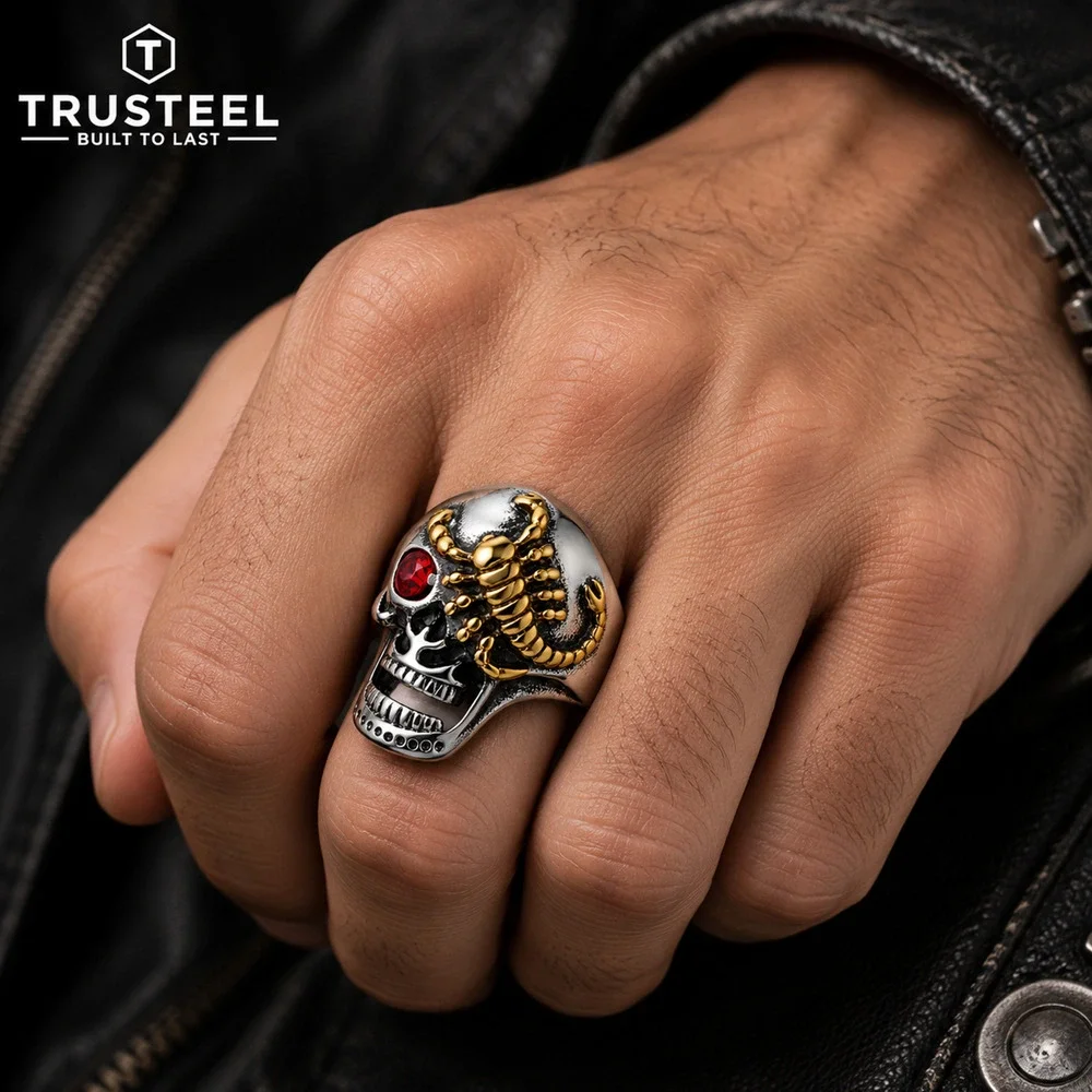 Men’s Skull Ring Red CZ Eye 316L Stainless Steel Gothic Biker Punk Size 10